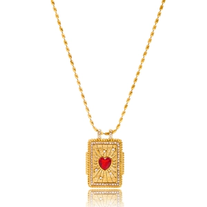 Vintage 18K gold plated stainless steel necklace with red heart zircon pendant on white