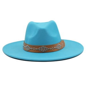 Cyan wide brim wool fedora hat with bohemian rivet leather band for men and women