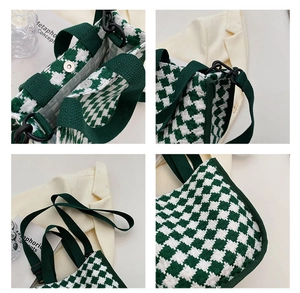 Detail view of green houndstooth woven tote bag with secure silver magnetic closure