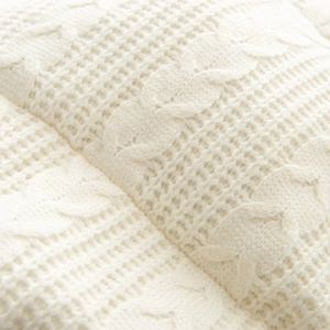 Macro close-up of thick cream cable knit texture on a winter outdoor jacket