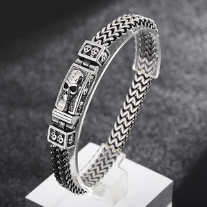 Gothic skull men's bracelet in vintage silver stainless steel with braided chain