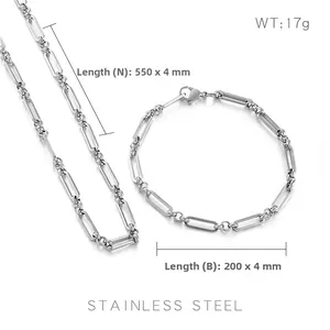 Vue détaillée de parure de bijoux trombone avec dimensions du collier et du bracelet acier