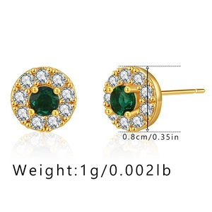 Detailed side view of halo earrings with green zircon centers and 18K gold plated finish
