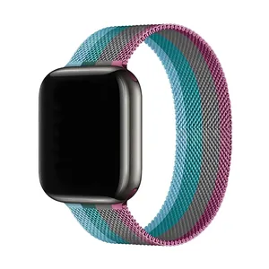 Detail of colorful striped Milanese loop stainless steel band for smartwatches