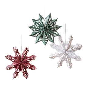 Nordic 3D paper snowflake and star ornaments in red, white, and green for party decor