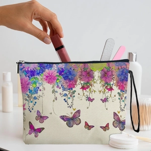 Trousse De Maquillage Imprimé Papillon Fleur Sac Cosmétique En Lin Portable Avec Dragonne Fermeture Éclair Pour Femme