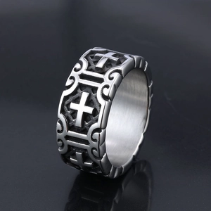Cross Ring Stainless Steel Wide Band Gothic Punk Vintage Religious Relief Jewelry For Men Women