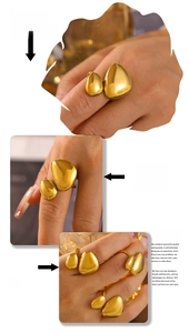 Detail shots of modern 18K gold irregular water drop ring worn by fashion model