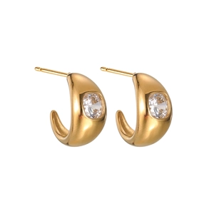 Stainless Steel High Polished C Shaped Stud Earrings With Sparkling Rhinestone Geometric Jewelry For Women Daily Wear