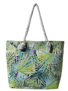 Tropical palm leaf printed canvas tote bag with thick white rope handles on white background