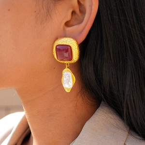 Vintage gold drop earrings with square red resin gemstone and baroque pearl for women