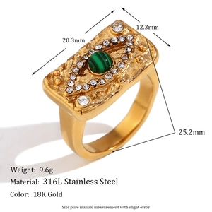 Macro detail of 18K gold-plated stainless steel ring with green malachite and zircons