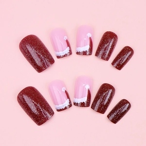 Festive red Christmas hat press-on nails with wine red glitter and pink holiday patterns