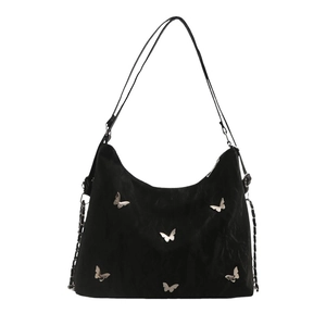 Black large capacity shoulder bag with silver butterfly charms and chain detail