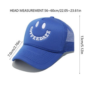 Detailed dimensions of blue mesh trucker hat with smiley face and Coffee Daze embroidery