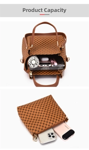 Macro view of large tote bag capacity and small pouch set size comparison in brown