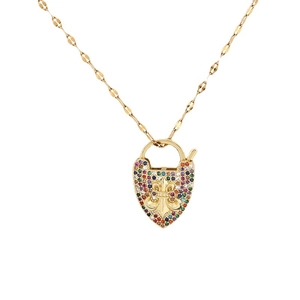 18K gold plated heart lock pendant necklace with pavé zircon and fleur-de-lis motif