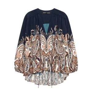 Blouse Imprimée Paisley Bohème Manches Longues Col En V À Nouer Décontractée Ethnique Vintage Femme