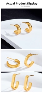 Detailed views of gold titanium steel C-shape and U-shape geometric drop earrings
