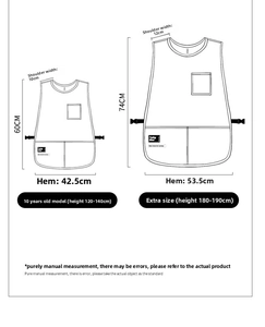 Size chart showing waterproof art apron dimensions for kids and adults with measurements