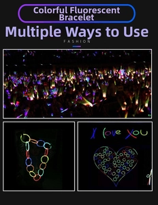 Macro shot of colorful LED glow bracelets with vibrant light effects for party events