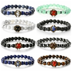 Natural Stone Beaded Bracelet Vintage Tiger Eye Lava Rock Crown Charm Elastic Yoga Jewelry For Men Women
