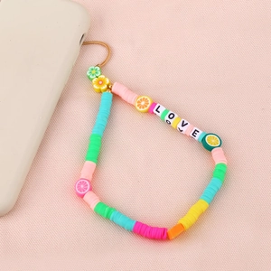 Colorful handmade phone strap with clay beads fruit patterns and LOVE letter beads