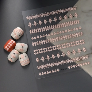 5D embossed sweet pink nail stickers with rhinestone accents and lace floral patterns