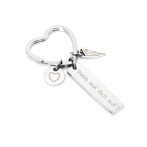 Silver stainless steel heart keychain with wing pendant and Pass auf dich auf engraving