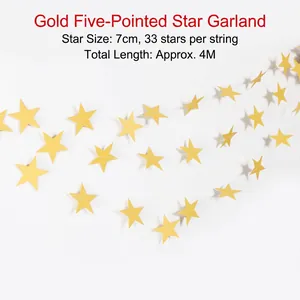 4M Gold Star Garland for Party Decor, 33 Pieces of 7cm Glittering Paper Stars String