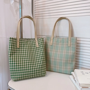 Grand Sac À Main Fourre-Tout Vintage À Carreaux Verts En Toile De Coton Avec Poignées En Cuir PU Détail Rivet
