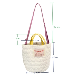 Detailed view of taro purple tote bag with size dimensions and heart quilted pattern
