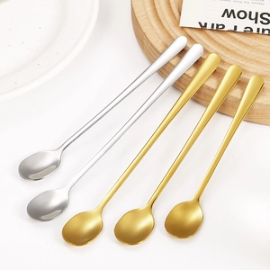 Stainless Steel Stirring Spoons Long Handle Coffee Spoons Mirror Polished Round Dessert Spoons Modern Kitchen Tableware