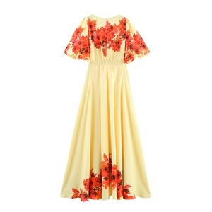 Elegantes gelbes Maxikleid mit rotem Blumendruck, V-Ausschnitt und elastischer Taille