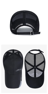 Detail view of black mesh baseball cap showing breathable texture and metal buckle