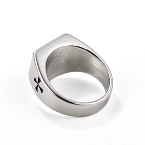 Vintage stainless steel shield cross ring for men with retro silver finish and wide band