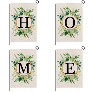 Garden Flag Decorative Double Sided Polyester Burlap Texture Eucalyptus Leaf Gold Ring Initial Letter Outdoor Yard Decor