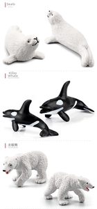Detailed views of realistic polar bear, killer whale, and seal figurines with lifelike textures