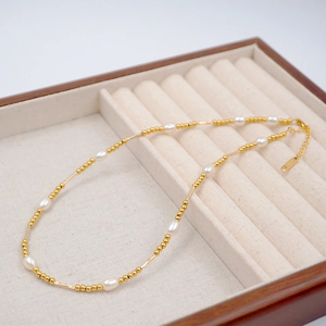 French Vintage Freshwater Pearl Necklace For Women Titanium Steel Gold Plated Beaded Choker Elegant Jewelry Gift