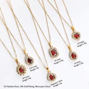 Stainless steel 18K gold plated necklaces with various red zircon gemstone pendants