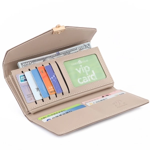 Beige PU leather long wallet featuring multiple card slots and secure metal buckle
