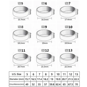 Size chart for stainless steel rings showing US sizes from 5 to 13 with diameter details