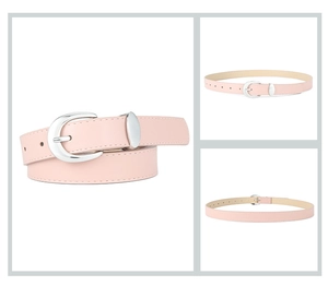 Detail view of light pink PU leather belt featuring silver oval buckle and stitching