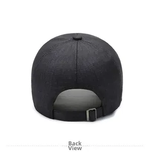 Close-up of dark grey cotton baseball cap with adjustable metal back buckle detail
