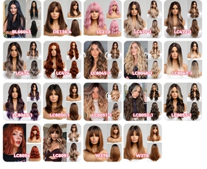 Catalog view of multiple ombre synthetic wigs in various hair colors and styles