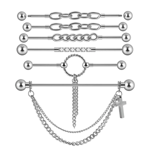 Stainless Steel Industrial Barbell Ear Piercing Jewelry With Cross Charm Double Chain Cubic Zirconia Punk Unisex Style