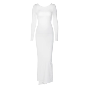 Elegant white backless maxi dress with long sleeves and pleated bodycon fit for women
