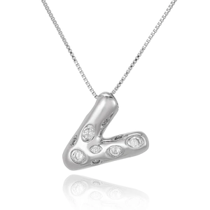 Macro shot of silver letter V pendant with sparkling cubic zirconia on a box chain