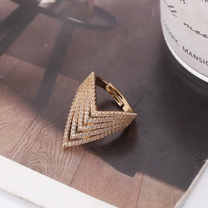 Golden multi-layer V-shaped open ring with micro-pave white zircon stones for women