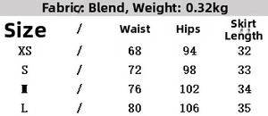 Size chart for high-waisted skort showing waist and hip measurements for XS to L sizes